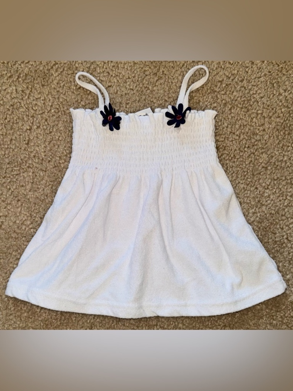 Girls' White Terry Swim Coverup Dress with Navy Flower Straps